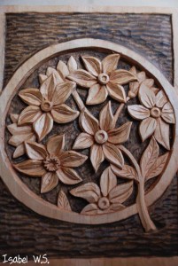 relief woodcarving, flowers in a circle, carpenter flowers