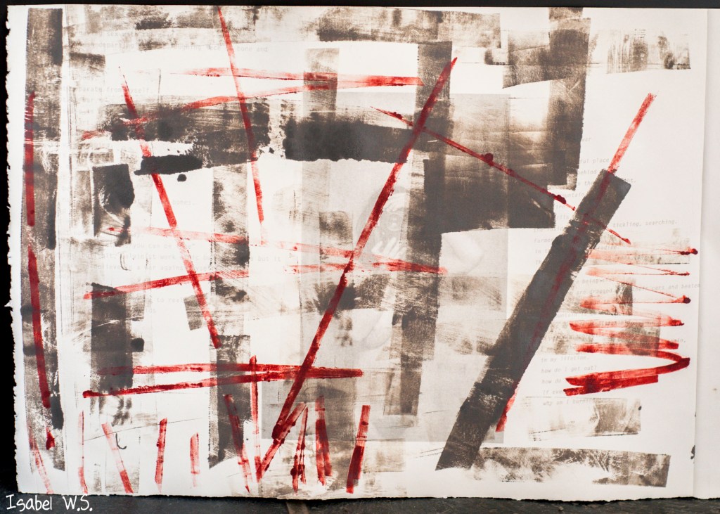 A monotype print, black and red ink, with a hidden photograph