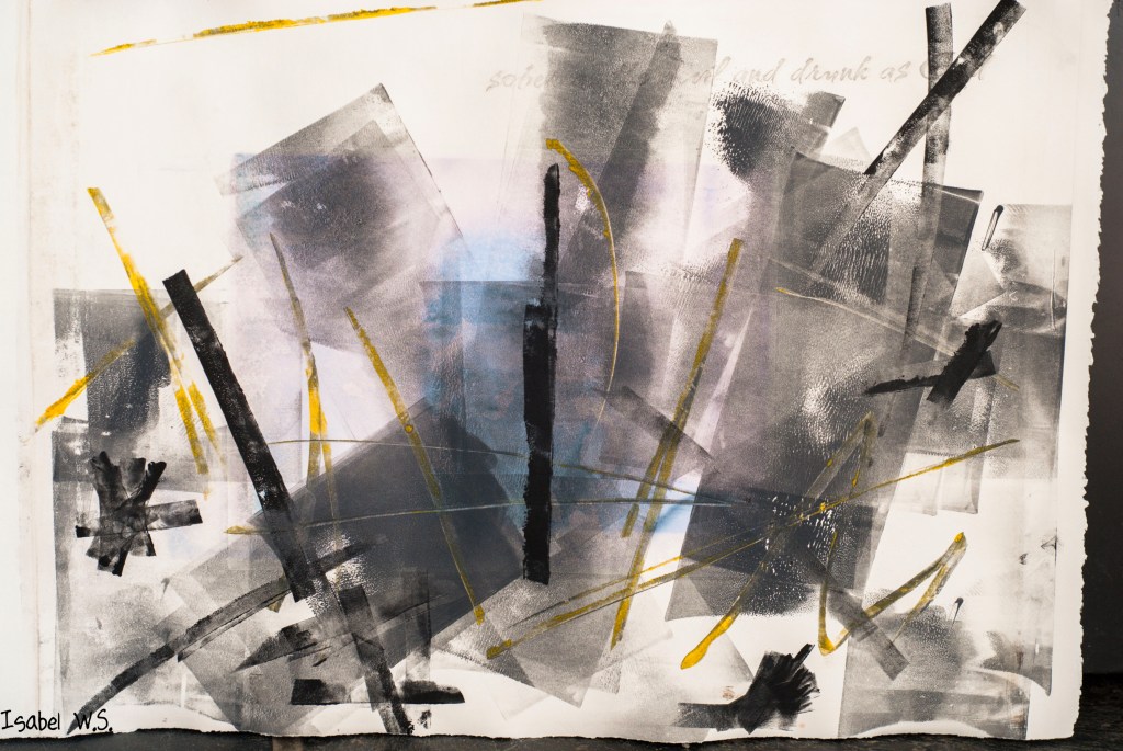 A monotype print, black and yellow, with a hidden photograph