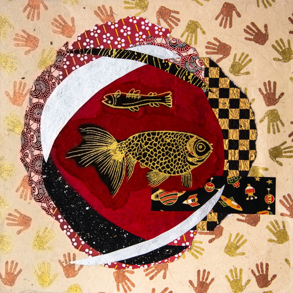 Paper collage piece, fish in an eye