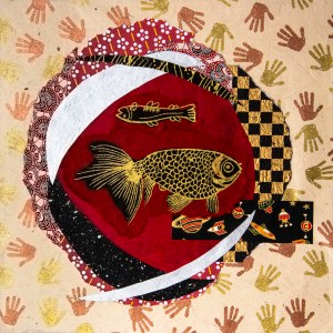 Paper collage piece, fish in an eye