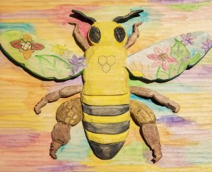 bee relief woodcarving, rainbow, watercolors