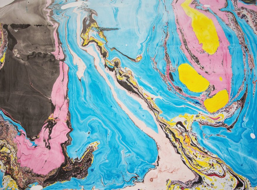 Suminagashi print, blue and pink and yellow