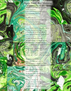 a green suminagashi collage with poetry by Miriam Sagan