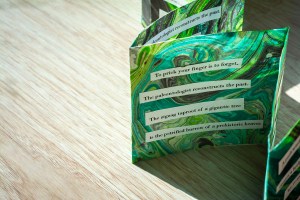 small green accordian book with poem