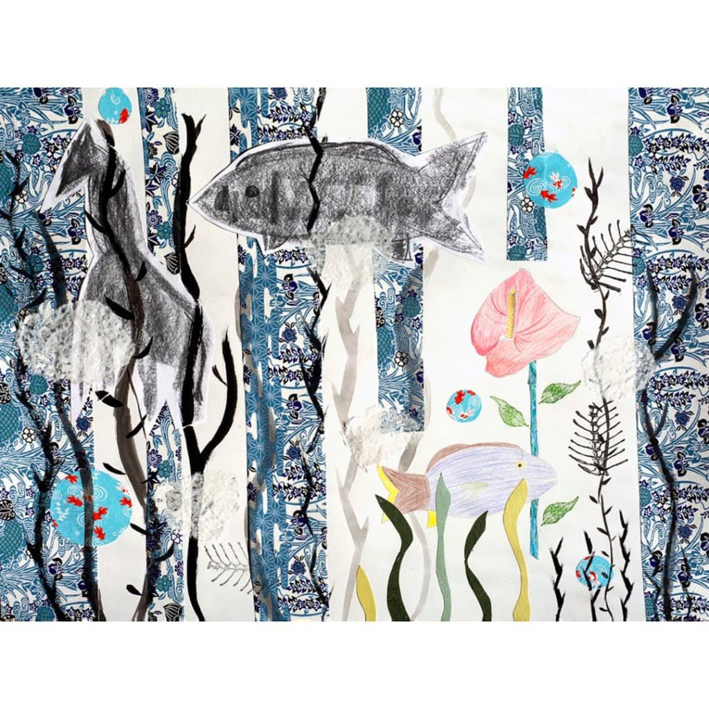 a collage utilizing blues, underwater themes, mass drawings of fish and a giraffe