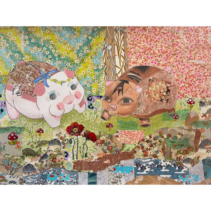Brightly colored paper collage with two piggy banks