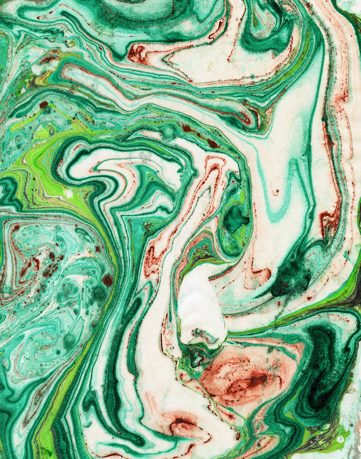 Green and light green and brown swirled suminagashi print 