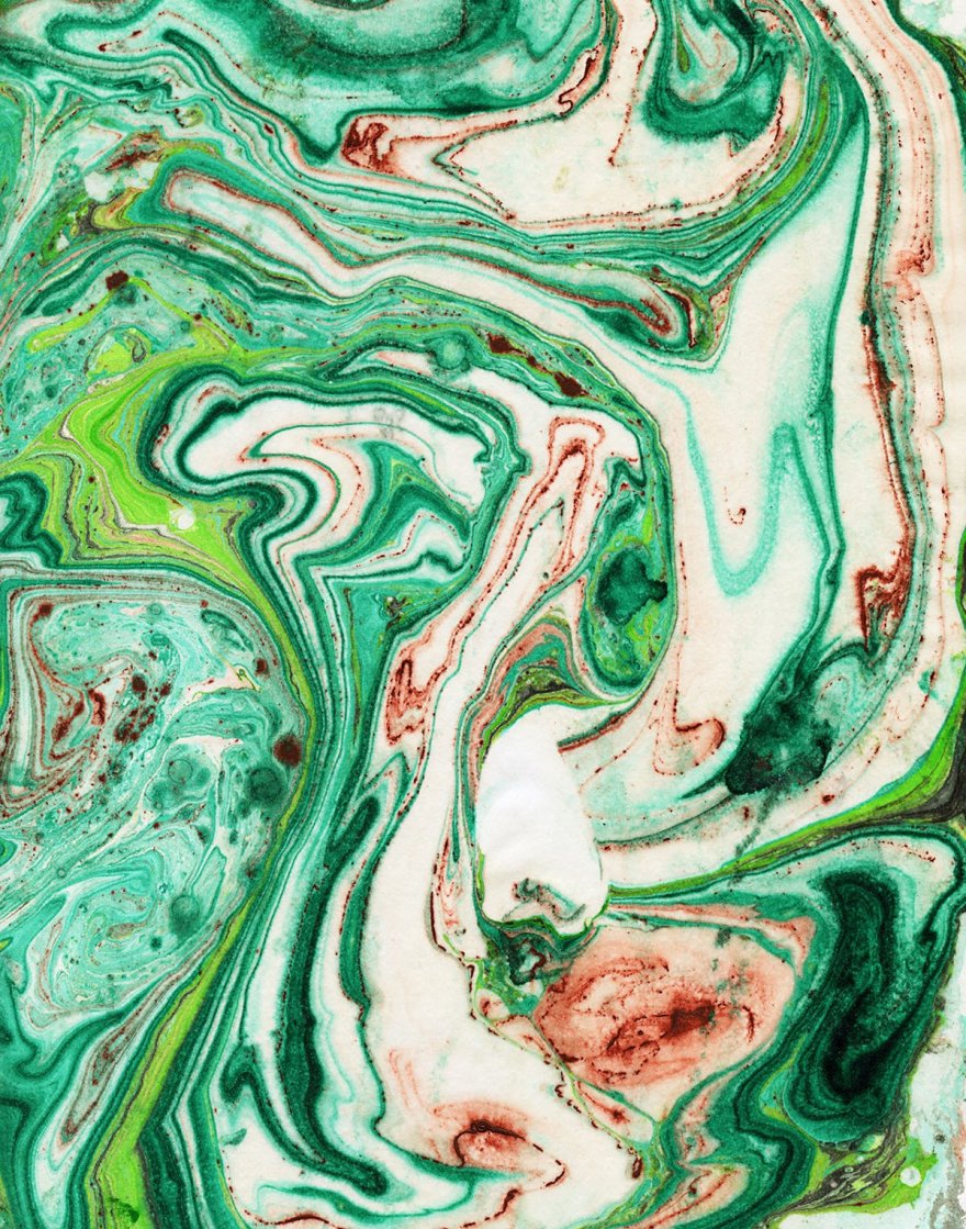 Green and light green and brown swirled suminagashi print 