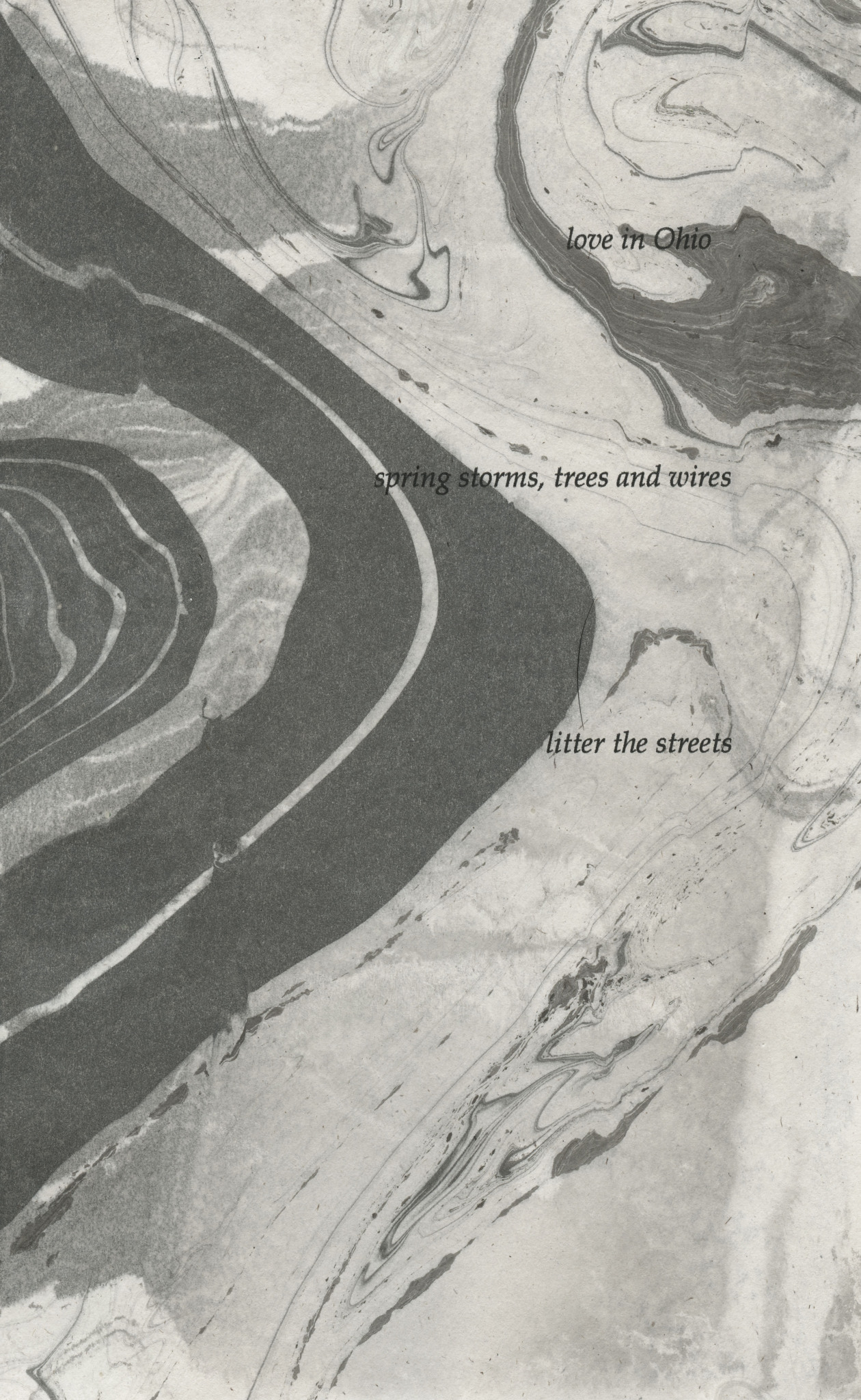 text on suminagashi, reads- love in Ohio/spring storms, trees and wires/litter the streets