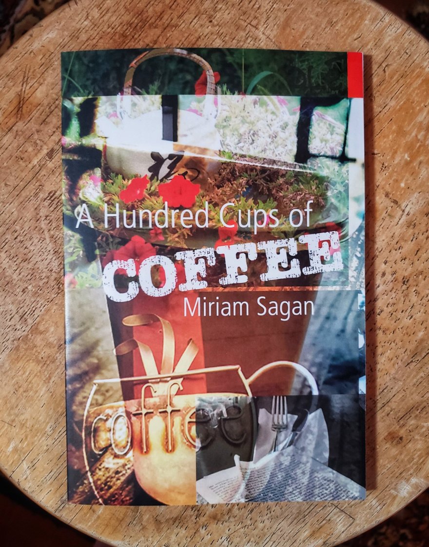 Cover art of a small press book by Miriam Sagan, collages coffee pots, signs, ripped books