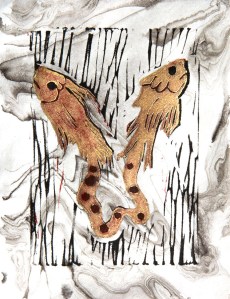 linocut relief print of pisces symbol from 14th century arab manuscript