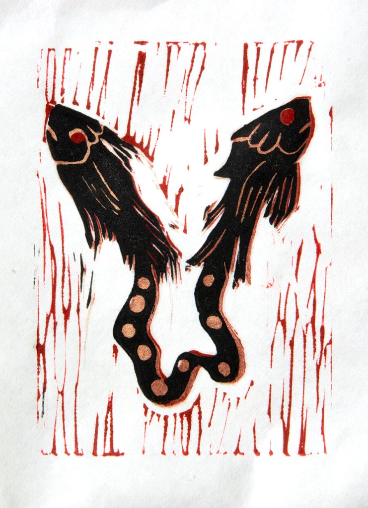 linocut relief print of pisces symbol from 14th century arab manuscript