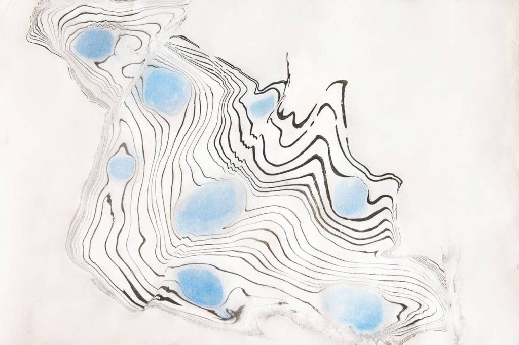 black thin suminagashi lines with blue pools of ink